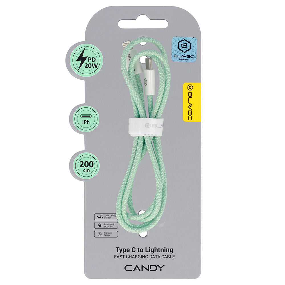 Cablu Blavec Candy Braided - Type C To Lightning - PD 20W 2,4A 2 Metres Apple Carplay (Cca-cl24gn20) Verde