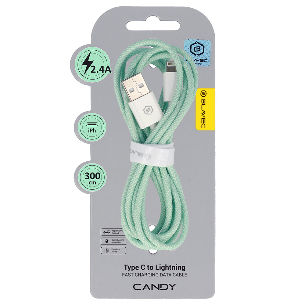 Cablu Blavec Candy Braided - USB To Lightning - 2,4A 3 Metres Apple Carplay (Cca-ul24gn30) Verde