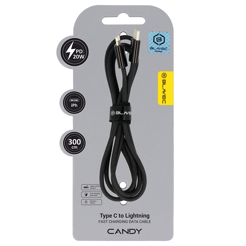 Cablu Blavec Candy Braided - Type C To Lightning - PD 20W 2,4A 3 Metres Apple Carplay (Cca-cl24b30) Negru