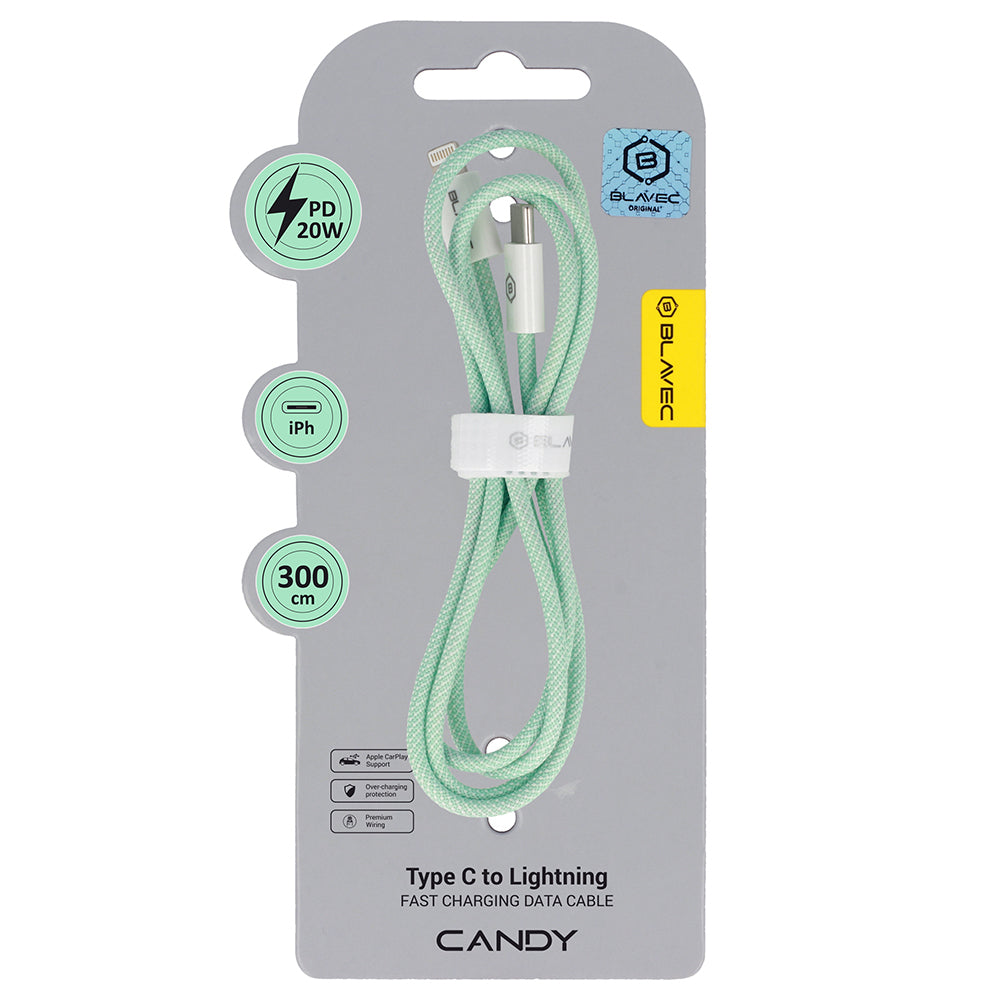 Cablu Blavec Candy Braided - Type C To Lightning - PD 20W 2,4A 3 Metres Apple Carplay (Cca-cl24gn30) Verde