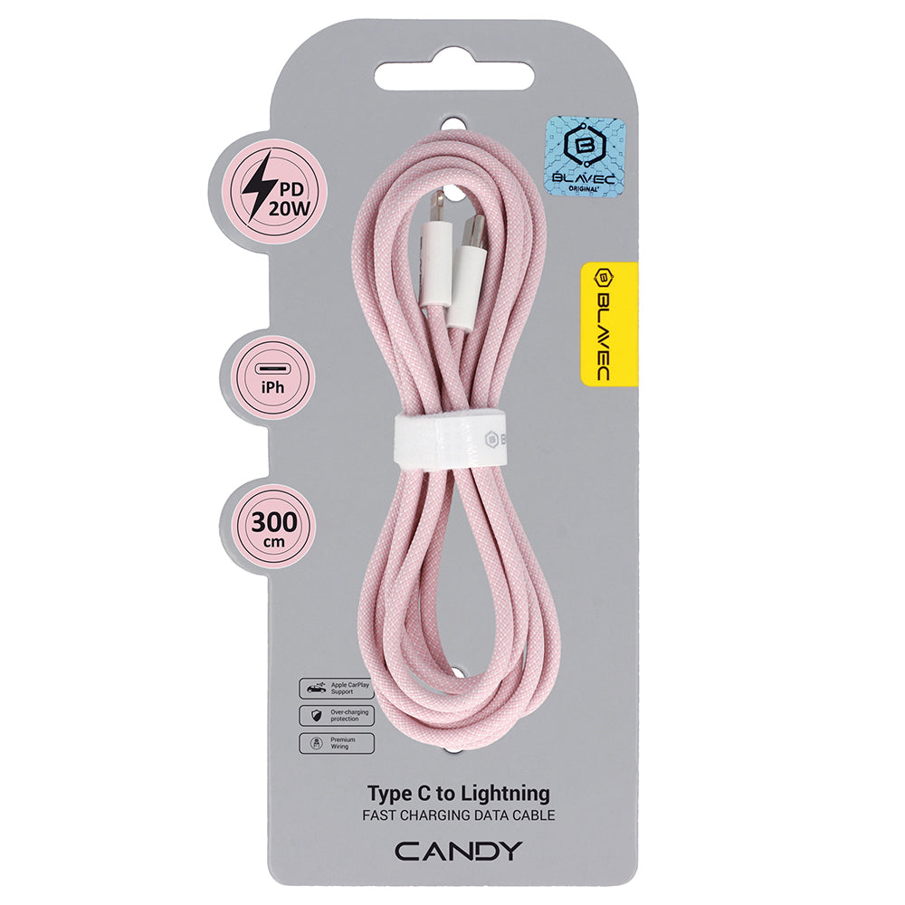 Cablu Blavec Candy Braided - Type C To Lightning - PD 20W 2,4A 3 Metres Apple Carplay (Cca-cl24p30) Roz