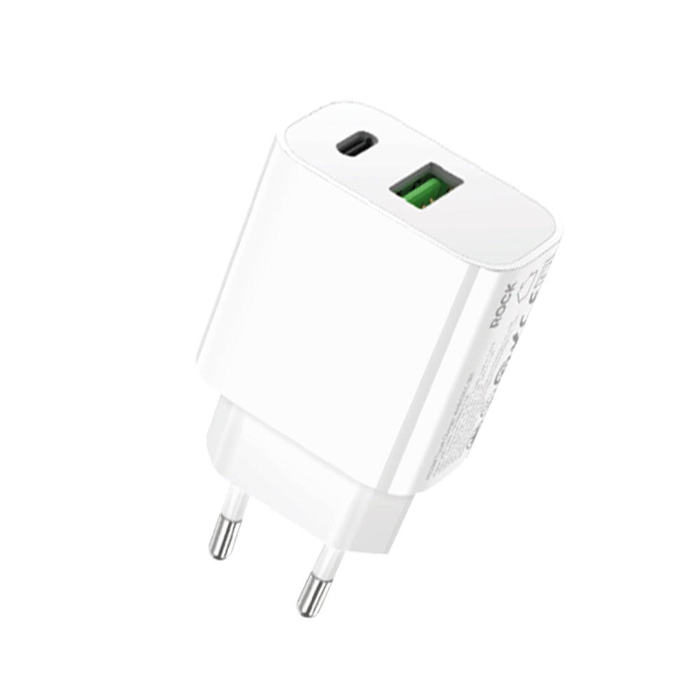 Incarcator priza Rock T43 - USB + Type C - QC 3.0 PD 20W 3A Alb