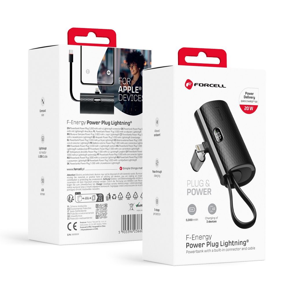 Acumulator extern Forcell F-energy Power Plug F5k3 PD 20W 5000 Mah cu Built-in Connector Lightning Negru