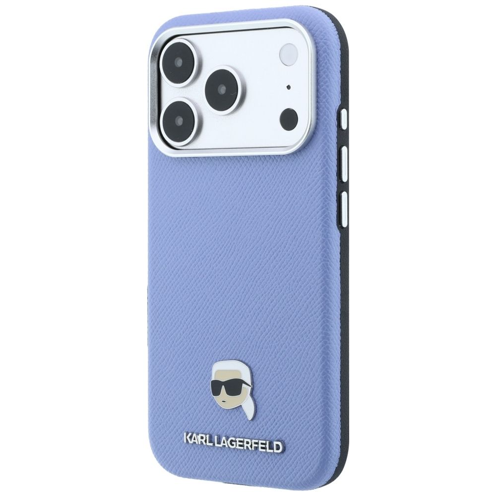 Husa Karl Lagerfeld pentru iPhone 18 Pro Max/ 17 Pro Max Compatible cu Magsafe (Grained Karl Head Metal) Albastru deschi