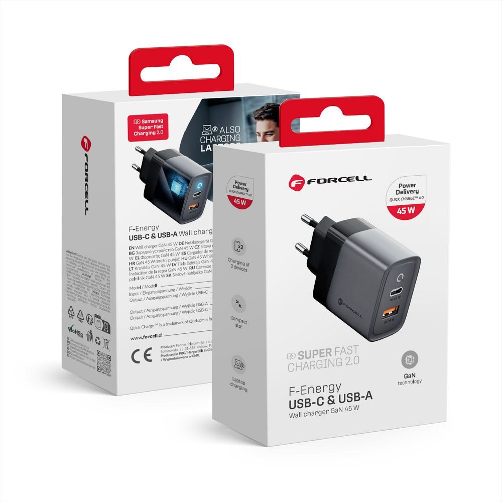 Incarcator Forcell Phone F-energy Gan USB C + USB A Qc4.0 PD 4A 45W Vt-39 Gri