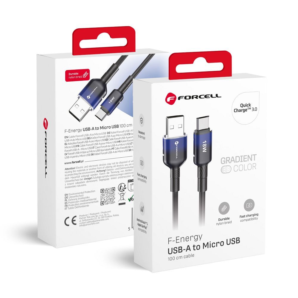 Cablu Forcell USB A To Micro USB F-energy Qc3.0 2,4A 18W Gradient 1 M C351 Negru