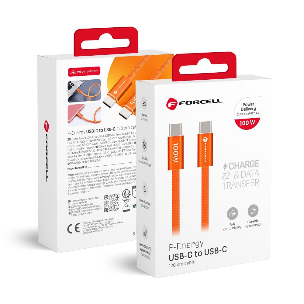 Cablu Forcell USB C To USB C F-energy Qc4.0 PD 5A 100W Cafule Flat 1,2 M Portocaliu