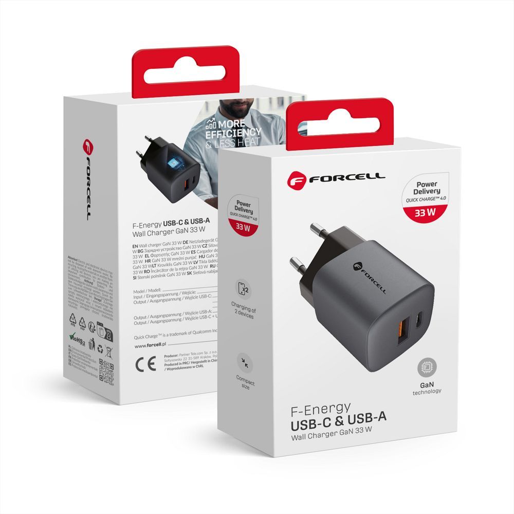 Incarcator Forcell Phone F-energy Gan USB C + USB A Qc4.0 PD 3A 33W Vt-31 Gri