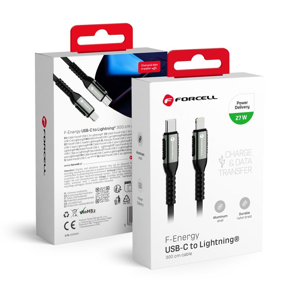 Cablu Forcell USB C To Lightning F-energy PD 3A 27W Cafule 3 M C259 Negru