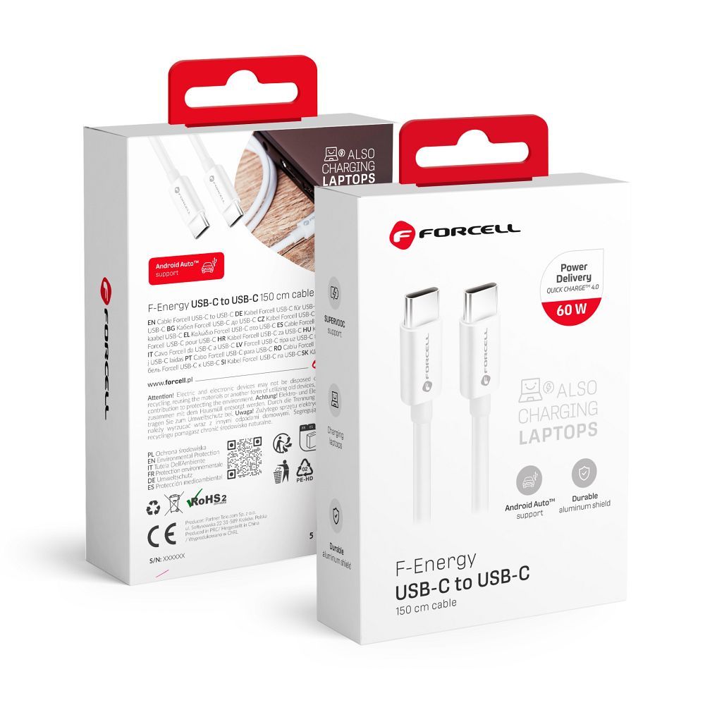 Cablu Forcell USB C To USB C F-energy Qc4.0 PD 3A 60W 1,5 M C338 Alb