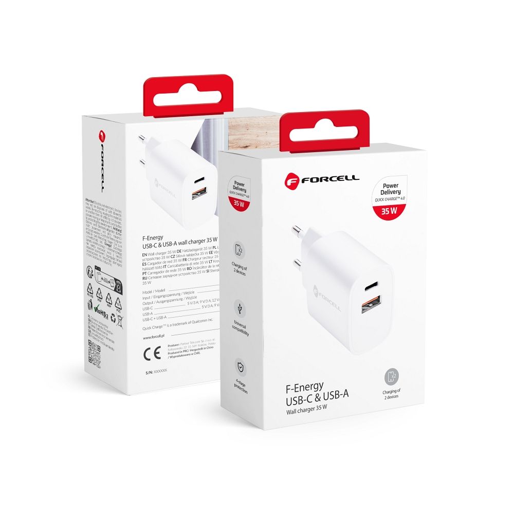 Incarcator Forcell Phone F-energy USB C + USB A Qc4.0 PD 3A 35W Alb