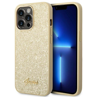 Husa Guess Glitter Script pentru iPhone 14 Pro - Auriu