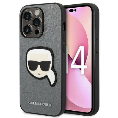 Husa Karl Lagerfeld Saffiano Karl's Head Patch pentru iPhone 14 Pro - Argintiu