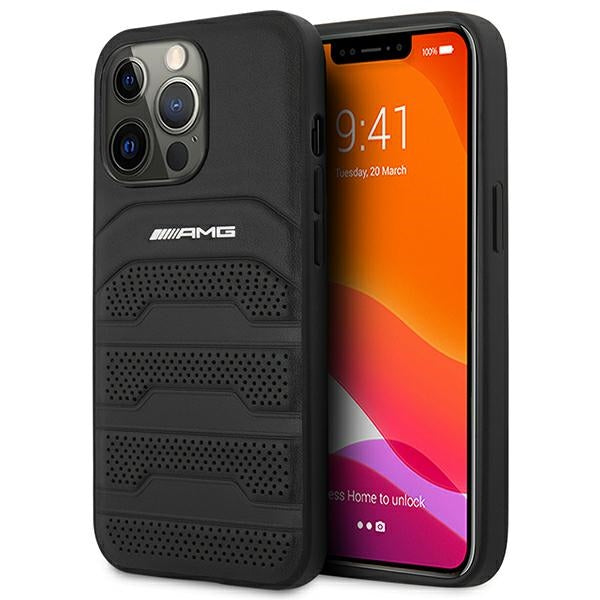 Husa AMG iPhone 14 Pro 6.1 "Negru / Negru Hardcase Leather Debossed Lines