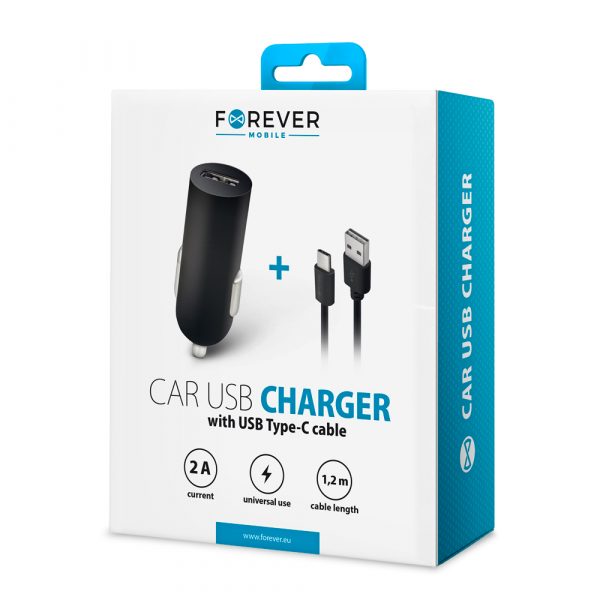 Încărcător auto Forever M02 1x USB 2A negru + cablu USB‑C