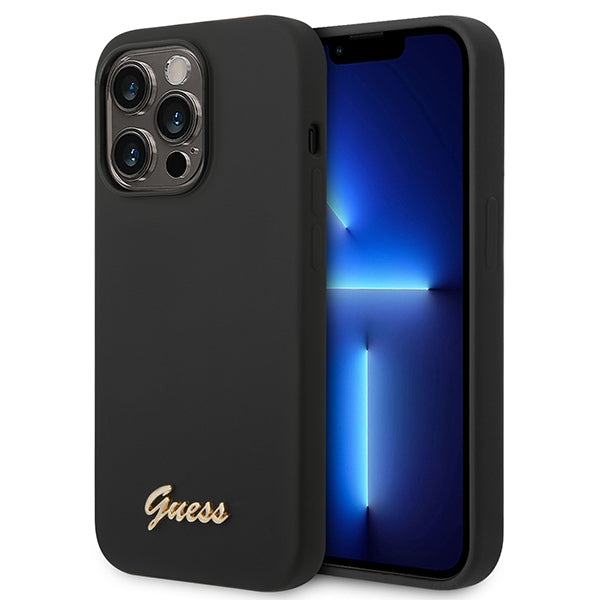 Husa Guess Silicone Vintage Auriu Logo iPhone 14 Pro - Negru