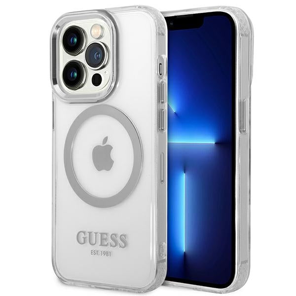 Husa Guess iPhone 14 Pro 6.1" Argintiu/Argintiu Hard Metal Outline Magsafe