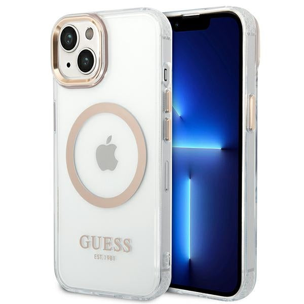 Husa Guess iPhone 14 6.1 "Auriu / Auriu Hard Metal Outline Magsafe