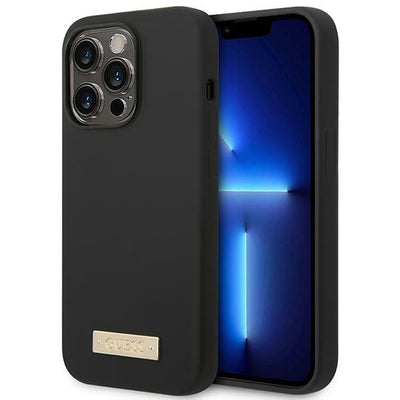 Husa Guess iPhone 14 Pro Max 6.7" Negru/Negru Hard Silicone Logo Plate Magsafe