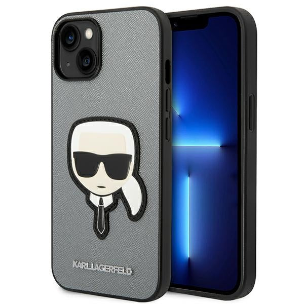 Husa Karl Lagerfeld Saffiano Karl's Head Patch pentru iPhone 14 - Argintiu