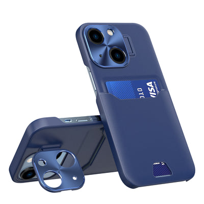 Husa Leather Stand pentru iPhone 14 Cover Card Wallet cu Stand Albastru