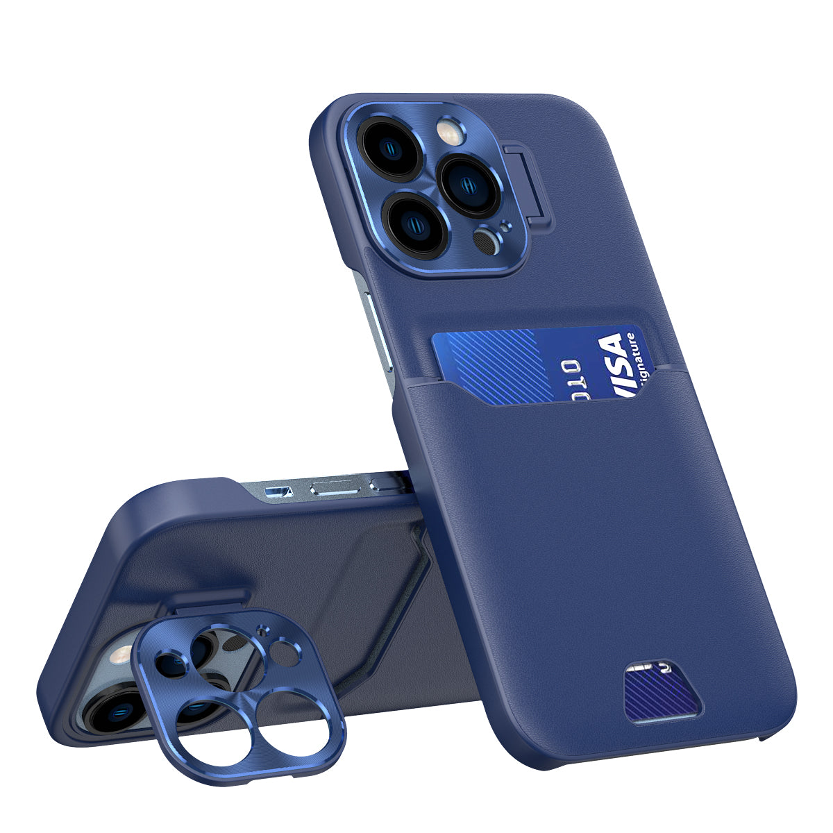 Husa Leather Stand pentru iPhone 14 Pro Cover Card Wallet cu Stand Albastru