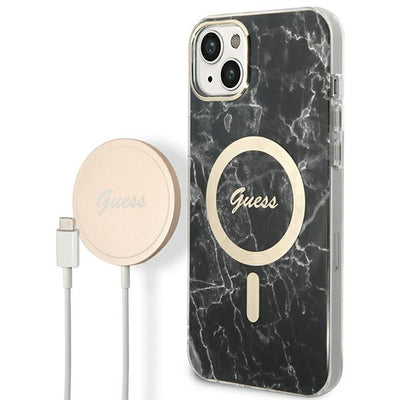 Husa Set Guess + Incarcator iPhone 14 6.1" Negru/Negru Hard Marble Magsafe