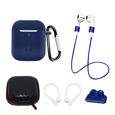 Husa Set Of AirPods 2 / AirPods 1 Silicone + / Ear Hook / Neck Curea / Curea Suport / Carabiner - Albastru