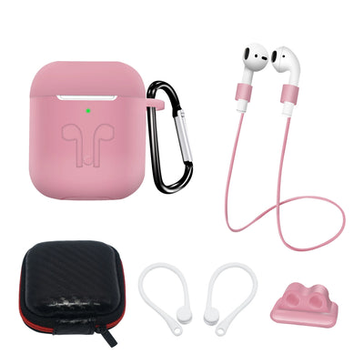 Husa Set Of AirPods 2 / AirPods 1 Silicone + / Ear Hook / Neck Curea / Curea Suport / Carabiner - Roz