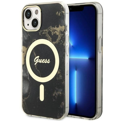 Husa Guess iPhone 14 Plus 6.7" Negru/Negru Hardcase Golden Marble Magsafe