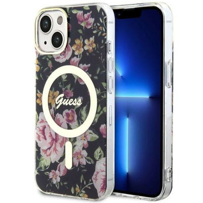 Husa Guess Flower Magsafe pentru iPhone 14 - Negru