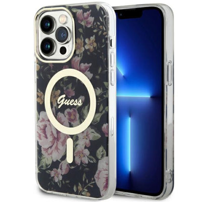 Husa Guess iPhone 14 Pro Max 6.7" Negru/Negru Hardcase Flower Magsafe
