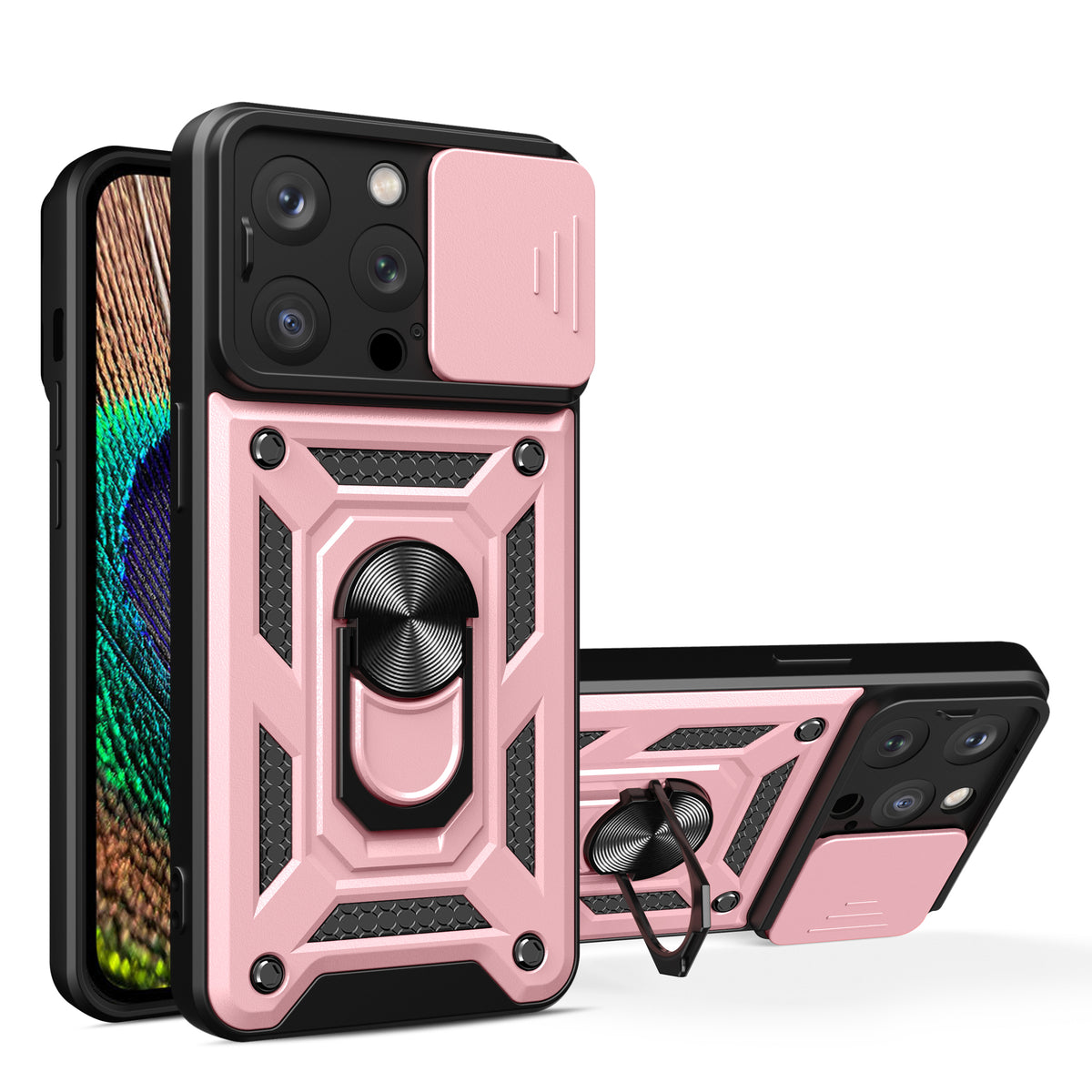 Husa Hybrid Armor Camshield cu Stand And Camera Cover pentru iPhone 15 Pro - Roz