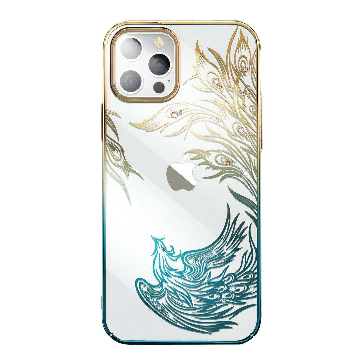 Husa Luxury iPhone 14 Plus cu Kingxbar Phoenix Crystals - Auriu And Albastru