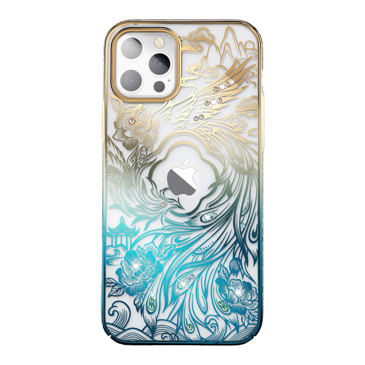 Husa Luxury iPhone 14 Plus cu Kingxbar Phoenix Crystals - Auriu And Albastru