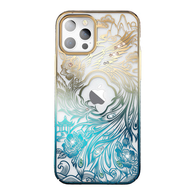Husa Luxury iPhone 14 Plus cu Kingxbar Phoenix Crystals - Auriu And Albastru