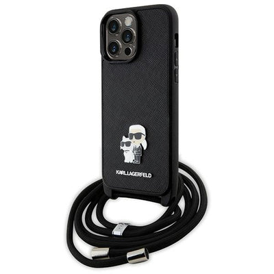 Husa Karl Lagerfeld pentru iPhone 14 Pro Max 6.7" Hardcase - Negru Crossbody Saffiano Metal Pin Karl&Choupette
