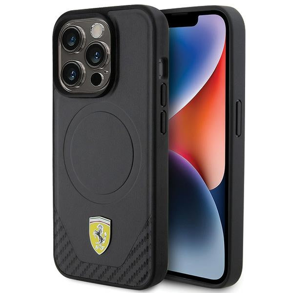 Husa Ferrari Carbon Metal Logo Magsafe pentru iPhone 15 Pro - Negru