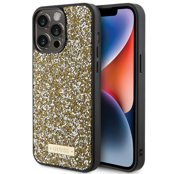 Husa Guess Rhinestone Metal Logo pentru iPhone 15 Pro - Galben