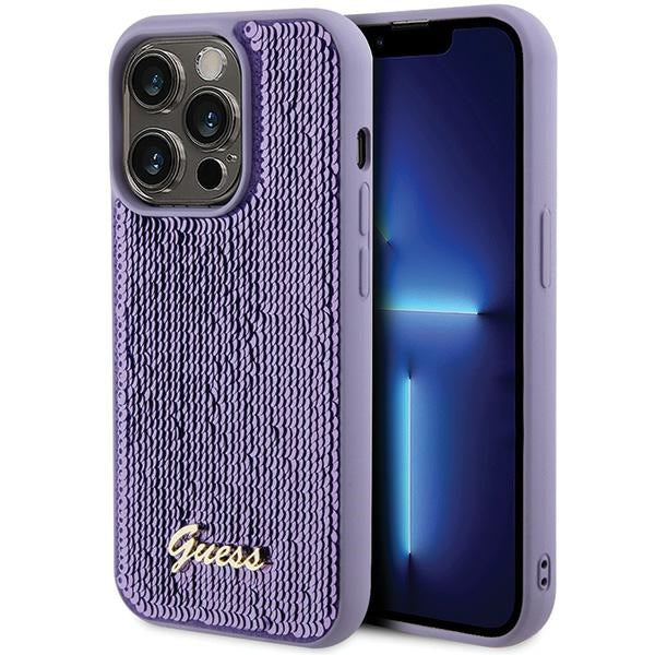 Husa Guess Sequin Script Metal pentru iPhone 15 Pro - Mov