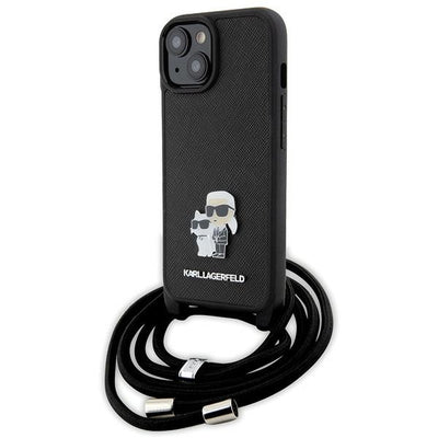 Husa Karl Lagerfeld Crossbody Saffiano Metal Pin Karl & Choupette pentru iPhone 15 Plus - Negru