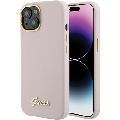 Husa Guess Silicone Script Metal Logo & Frame pentru iPhone 15 - Roz