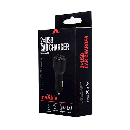 Încărcător auto Maxlife MXCC‑01, 2x USB, 2,4A, negru