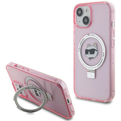 Suport auto Karl Lagerfeld iPhone 15 6.1" Roz/Roz Hardcase Ring Stand Choupette Head Magsafe