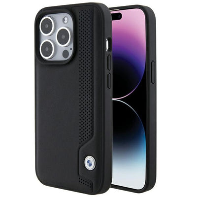 Husa BMW Leather Albastru Dots iPhone 15 Pro Max - Negru