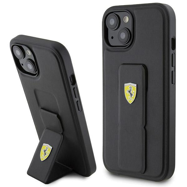 Husa Ferrari Grip Stand Metal Logo pentru iPhone 15 - Negru