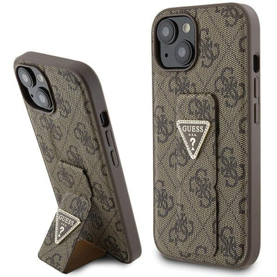Husa Guess Grip Stand 4G Triangle Strass pentru iPhone 15 - Maro