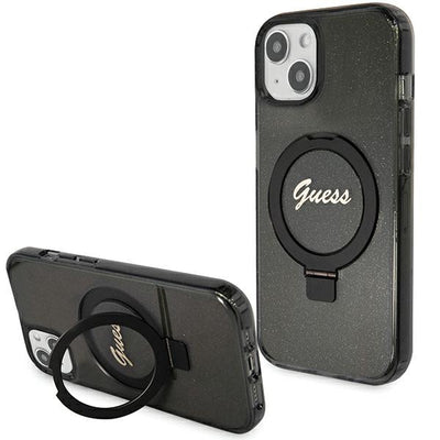 Husa Guess Ring Stand Script Glitter Magsafe pentru iPhone 15 Plus / 14 Plus - Negru