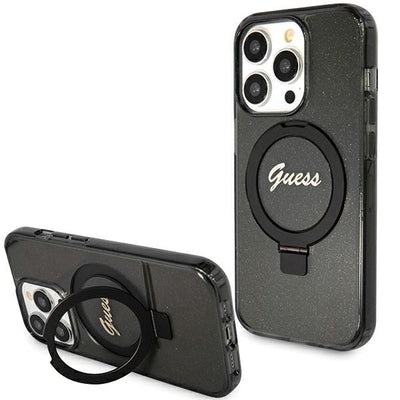 Husa Guess Ring Stand Script Glitter Magsafe pentru iPhone 15 Pro Max - Negru