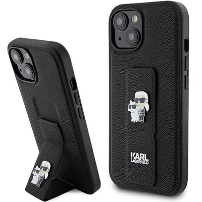 Husa Karl Lagerfeld Gripstand Saffiano Karl&Choupette Pins pentru iPhone 15 Plus / 14 Plus - Negru